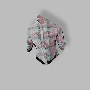 Columbia women's small button down pink plaid shirt.